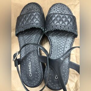 Chanel Black Quilted Leather CC Ankle Strap Platform Sandals Size 39